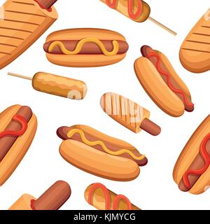 Hot dog, corn dog. Kinds of fast food products. Isolated On White Background, Vector Illustration. Seamless. Website page and mobile app design Stock Vector