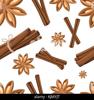 Cinnamon stick, star anise, anise and cardamom vector. Isolated icons on white background. Seamless illustration. Website page and mobile app Stock Vector