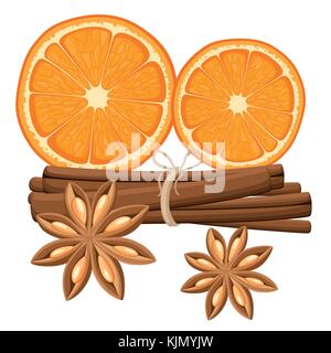 Cinnamon stick, star anise and slices of oranges. Isolated illustration on white background. Website page and mobile app Stock Vector