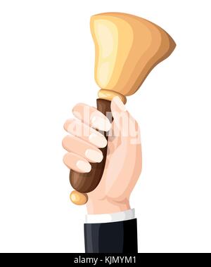 School bell holding in hand a teacher. Vector illustration flat design. Isolated illustration on white background. Time knowledge and learning. Websit Stock Vector