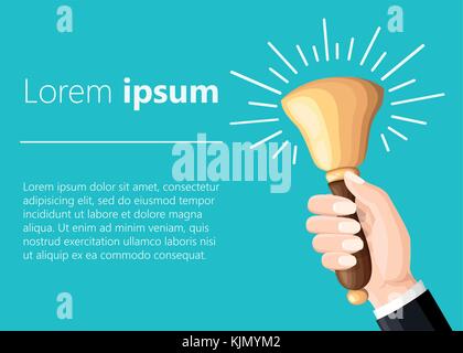 School bell holding in hand a teacher. Vector illustration flat design. Isolated illustration on white background. Time knowledge and learning. Websit Stock Vector