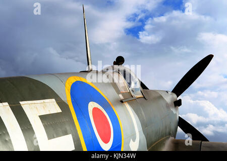 WW2 Spitfire Fighter Aircraft Facing The Sky. Stock Photo