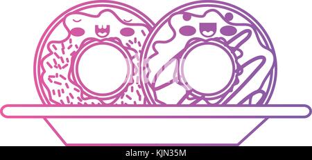 kawaii donuts with cream glaze on dish in degraded magenta to purple color contour Stock Vector