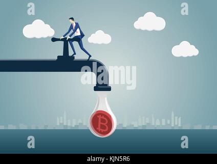 Bitcoin mining concept as vector illustration. Business man generating crypto-currency such as bitcoins. Stock Vector