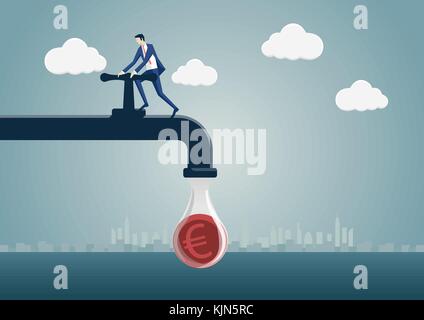 Business man squeezing one euro out of a money pipeline. Vector illustration of faucet and cartoon character. Concept of reduction, saving, tighten on Stock Vector