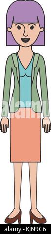 woman full body with blouse and jacket and skirt and heel shoes with mushroom hairstyle in colorful silhouette Stock Vector