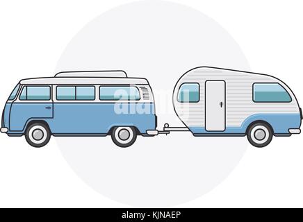 Retro van with camper trailer - vintage minibus side view Stock Vector