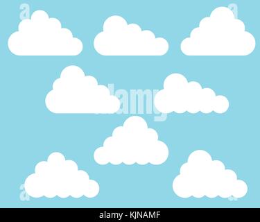 Flat design set of different white clouds on blue sky - vector Stock Vector