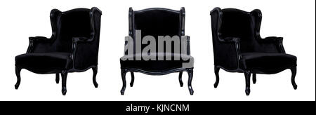 Front and side view of black textile classic chair isolated on white background. Collage set of different chairs Stock Photo