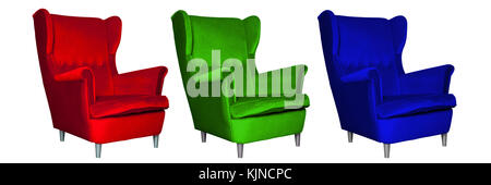Additive RGB color model concept picture. Three chairs of different colors - red, green and blue Stock Photo