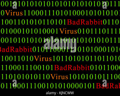 Concept of security and virus and Bad Rabbit Ransomware. Red text of Bad Rabbit and green binary code. Stock Photo