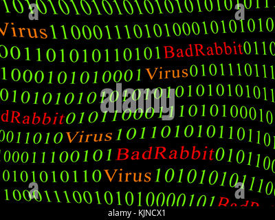 Concept of security and virus and Bad Rabbit Ransomware. Red text of Bad Rabbit and green binary code. Stock Photo