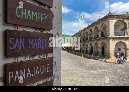 Wooden signs promoting transport to tourist destinations | Antigua | Guatemala Stock Photo