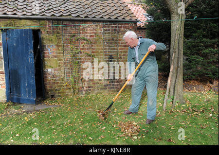 Grandfather and Grandson clearing leaves in the garden in North Yorkshire, UK. Stock Photo