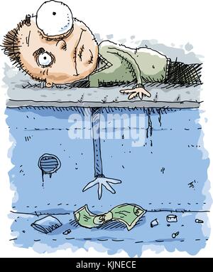 A cartoon man reaching down through a hole on the street to grab some cash money. Stock Vector