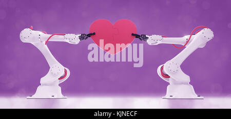 Industrial robots holding heart-shaped simple jigsaw puzzle. 3D-rendering graphic composition on the subject of 'A Stock Photo