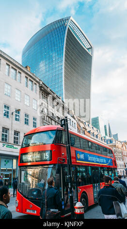 20 Fenchurch Street also known as the 'Walkie Talkie' building in the City of London with iconic red bus on foreground Stock Photo