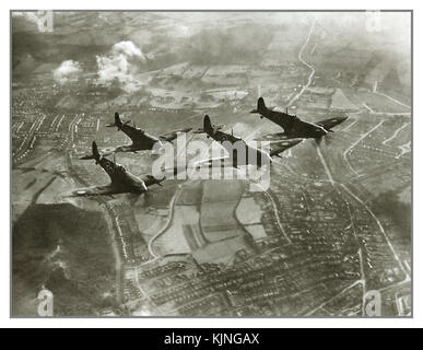 1942 BATTLE OF BRITAIN Spitfire Fighter Aircraft Squadron on WW2 patrol during 'Battle of Britain' World War 2 Spitfire aircraft close formation over the UK defending against Nazi German Luftwaffe bombing aerial aggression and V1 ‘doodlebug’ rockets which would be shot down or tipped by wing off course .WW2 Stock Photo