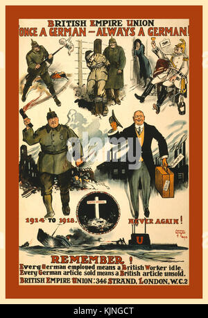 VINTAGE ANTI GERMAN PROPAGANDA POSTER 1916 The British Empire Union (BEU) was created in the United Kingdom during the First World War, in 1916, after changing its name from the Anti-German Union, which had been founded in April 1915. From December 1922 to summer 1952, it published a regular journal. It stood for patriotism, social reform, industrial peace, promotion of the Empire and anti-socialism. Stock Photo