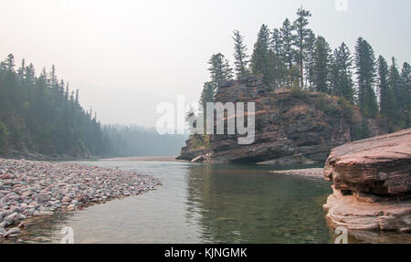 Confluence where the Flathead and Spotted Bear Rivers meet in the Bob Marshall wilderness area during the 2017 fall fires in Montana United States Stock Photo