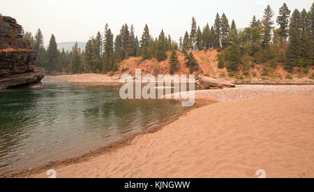 Confluence where the Flathead and Spotted Bear Rivers meet in the Bob Marshall wilderness area during the 2017 fall fires in Montana United States Stock Photo