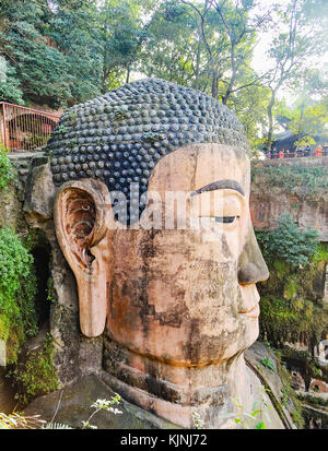 Head of the Leshan Giant Buddha in Sichuan province, China. Photo taken in January of 2013 while touring China. Stock Photo
