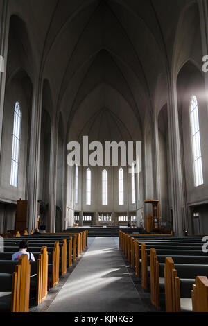 REYKJAVIC, ICELAND - SEPTEMBER 5, 2017: people inside of Hallgrimskirkja Church in Reykjavik city. Church is the largest church in Iceland and tallest Stock Photo