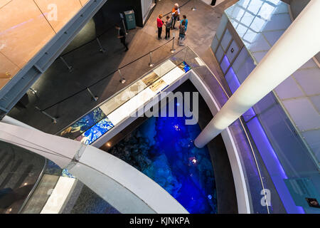 REYKJAVIC, ICELAND - SEPTEMBER 7, 2017: visitors in Perlan (The Pearl) Museum Wonders of Iceland in Reykjavik city in evening. The Perlan Museum of Wo Stock Photo