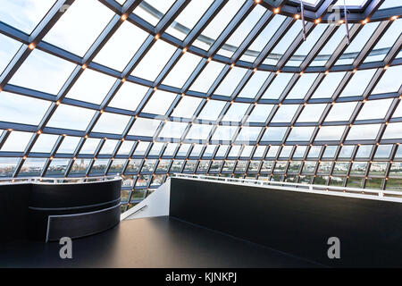 REYKJAVIC, ICELAND - SEPTEMBER 7, 2017: inside glass dome on Observation Deck of Perlan Museum in Reykjavik city in evening. The Perlan Museum of Wond Stock Photo