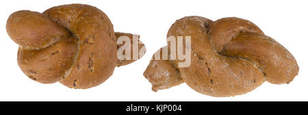 Two fresh baked bread rolls in knot shape. Healthy whole grain bakery products made from rye flour. Isolated on white background. Stock Photo