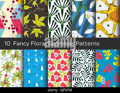 Floral seamless pattern background set. Ornaments with stylized leaves, flowers and fruits Stock Vector