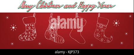 Illustration Hand Drawn Sketch of Checked Christmas Stockings Hanging on The Air Waiting for Santa Claus is Coming on Christmas Night. Stock Vector