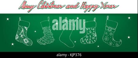Illustration Hand Drawn Sketch of Checked Christmas Stockings Hanging on The Air Waiting for Santa Claus is Coming on Christmas Night. Stock Vector