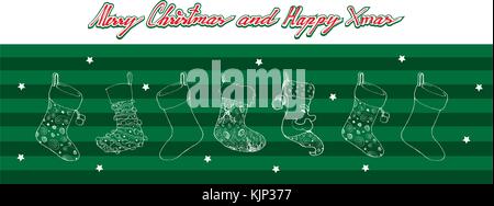 Illustration Hand Drawn Sketch of Checked Christmas Stockings Hanging on The Air Waiting for Santa Claus is Coming on Christmas Night. Stock Vector