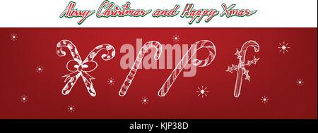 Illustration Hand Drawn Sketch of Various Colors Lovely Candy Canes with Bow and Holly Leaves, One of The Most Often Seen Symbols of Christmas. Stock Vector