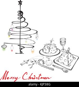 Illustration Hand Drawn Sketch of Christmas Pudding with Apple, Wine and Candy Cane on A Table for Thanksgiving, Christmas and New Year Holiday Dinner Stock Vector