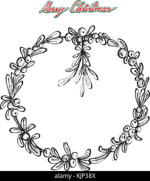 Illustration Hand Drawn Sketch of A Beautiful Christmas Wreath of Mistletoe for Christmas Celebration. Stock Vector