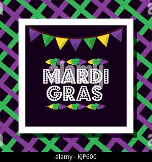 mardi gras poster dotted lettering garland feather decoration stripes colored Stock Vector