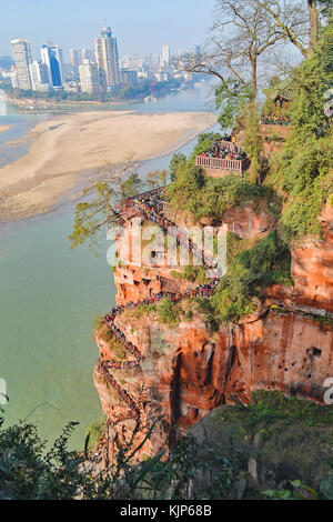 Walkway of the Giant Buddha in Sichuan province, China. Photo taken from the cliff next to the Leshan Giant Buddha, 2013. Stock Photo