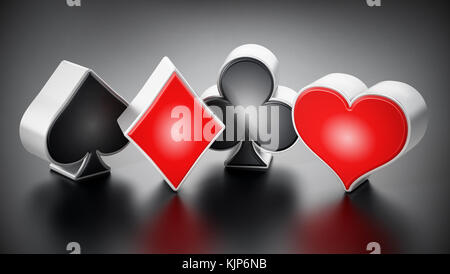 Playing card suits symbols standing on black background. 3D illustration. Stock Photo