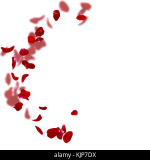 Red rose petals scattered on the floor in a semi-circle. There is a place for Your text or photo. Blurred background of rose petals Stock Photo