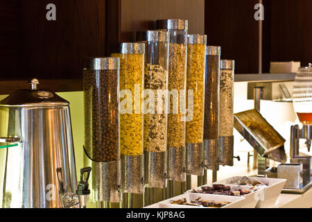 Choice of cereal for breakfast in the glass flasks Stock Photo