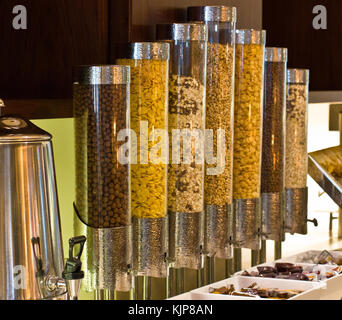 Choice of cereal for breakfast in the glass flasks Stock Photo