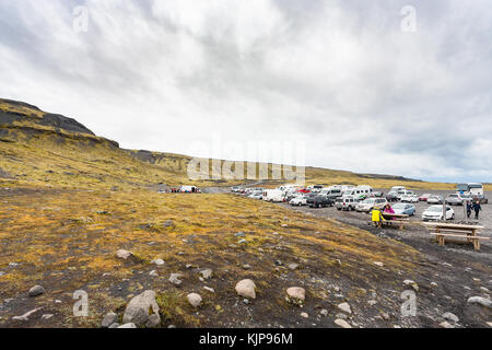 KALTA GEOPARK, ICELAND - SEPTEMBER 9, 2017: tourists on car parking area near Solheimajokull glacier (South glacial tongue of Myrdalsjokull ice cap) i Stock Photo