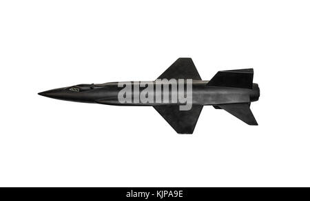 Black military model rocket on a white background. Stock Photo