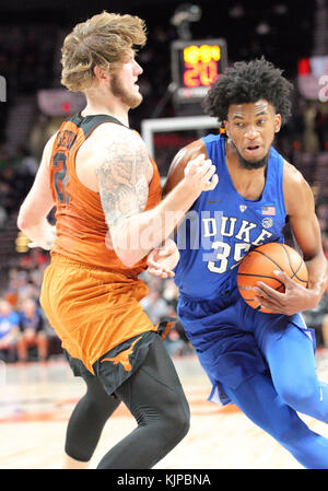 November 24, 2017: Duke Blue Devils forward Marvin Bagley III (35) tries to drive past Texas Longhorns forward Dylan Osetkowski (21) during the PK80 Basketball Tournament game between the Duke Blue Devils and the Texas Longhorns at the Moda Center, Portland, Oregon. Larry C. Lawson Stock Photo