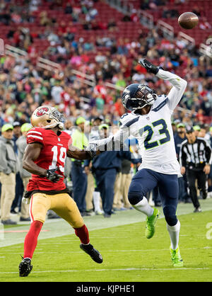 September 17, 2017: Seattle Seahawks cornerback Neiko Thorpe (23) carries  out the 12th man flag during a game between the San Francisco 49ers and the  Seattle Seahawks at CenturyLink Field in Seattle