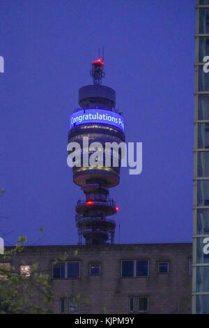 London, UK. 27th Nov, 2017. The BT Tower (previously the Post Office Tower) in London offers its congratulations to Harry and Meghan on the announcement of their engagement. Photo date: Monday, November 27, 2017. Credit: Roger Garfield/Alamy Live News Stock Photo