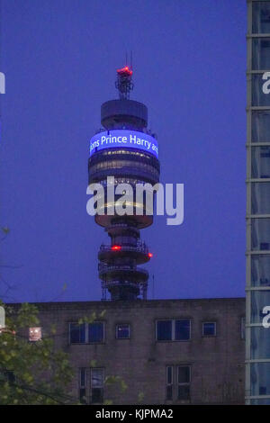 London, UK. 27th Nov, 2017. The BT Tower (previously the Post Office Tower) in London offers its congratulations to Harry and Meghan on the announcement of their engagement. Photo date: Monday, November 27, 2017. Credit: Roger Garfield/Alamy Live News Stock Photo