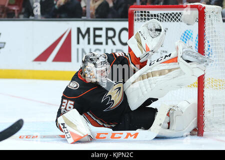 Anaheim Ducks goalie John Gibson (36) blocks a shot by Pittsburgh ...